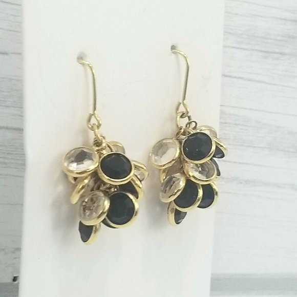 Monet Signed Gold Tone Dangle Earrings Faceted Black Clear Beaded Cluster K2 - Picture 3 of 5